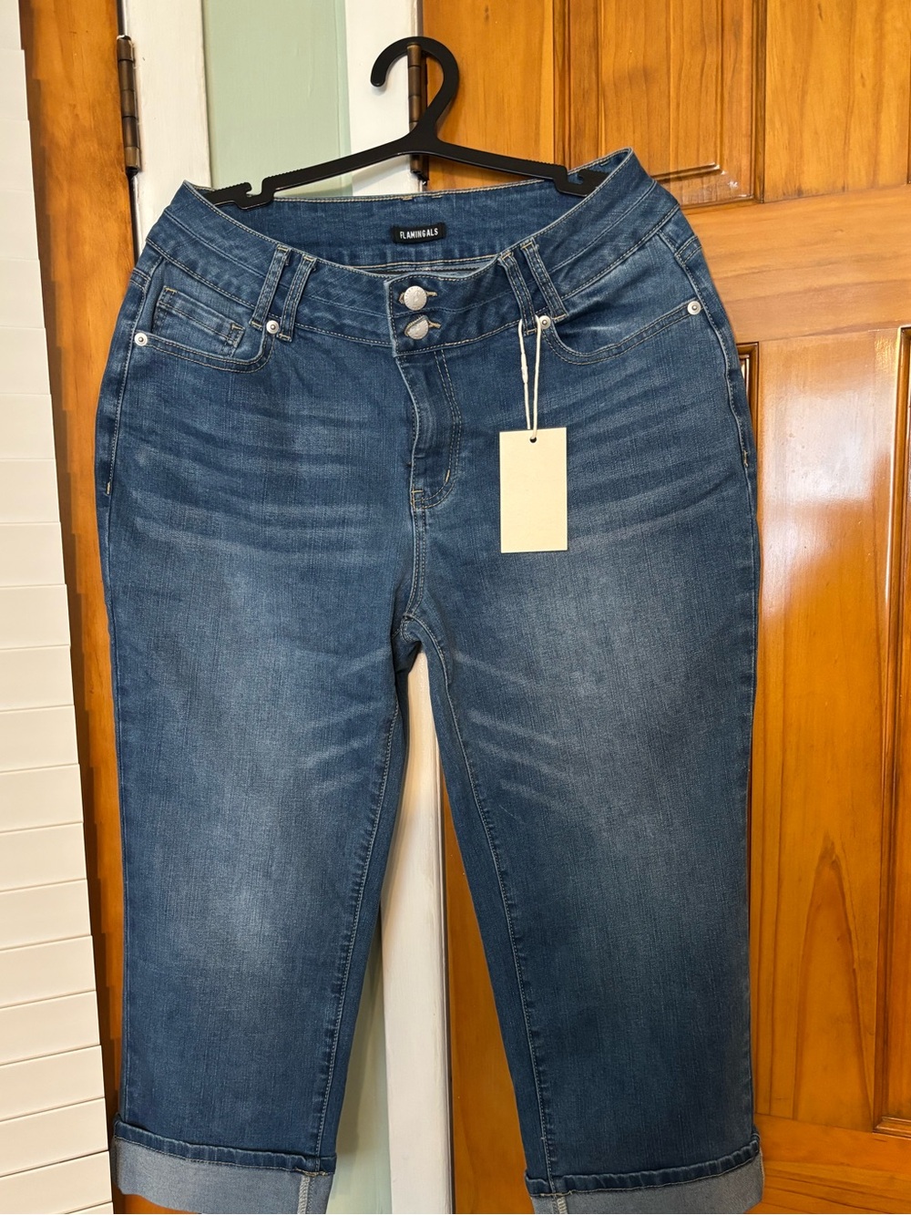 FLAMINGALS Medium Blue Cropped Jeans with Cuffed Hem  SIZE LARGE